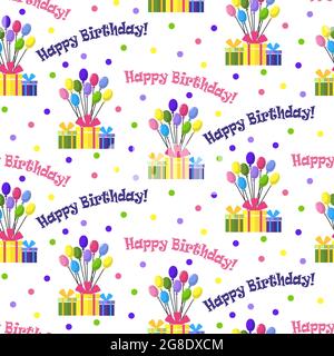 Modello di palloncini di compleanno. Illustrazione con regali e testo. Illustrazione Vettoriale