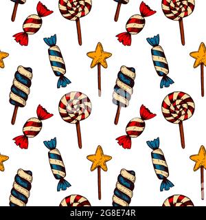 Motivo senza cuciture caramelle disegnate a mano. Illustrazione vettoriale in stile di schizzo colorato Illustrazione Vettoriale