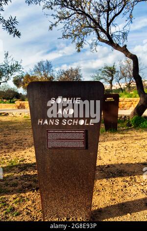 Lapide per Sophie e Hans Scholl e la Rosa Bianca, Giardino dei giusti, Valle dei Templi, Agrigento, Sicilia, Italia Foto Stock