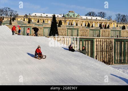 Toboga sui sentieri del Palazzo Sans Souci, Potsdam, Brandeburgo, Germania Foto Stock