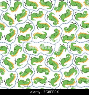 Motivo senza cuciture con un simpatissimo dinosauro verde a bordo di uno skateboard su sfondo bianco Illustrazione Vettoriale