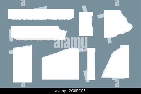 Set di pezzi di carta strappata bianca con nastro per scotch. Varie forme per la carta strappata per note, promemoria o messaggi. Foglio modello vuoto per il testo. Carta per appunti. Illustrazione vettoriale su sfondo grigio Illustrazione Vettoriale