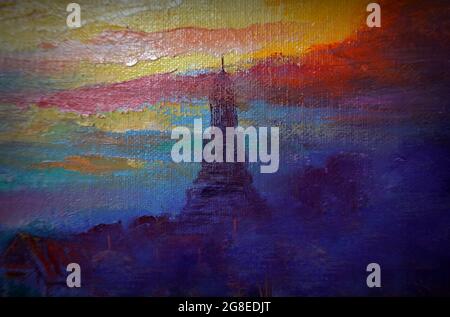 Arte, pittura, olio, colore, Wat Arun, Tempio, Alba, Bangkok, thailandia Foto Stock