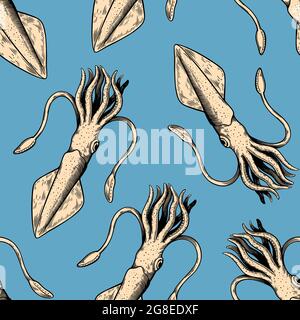 Modello senza cuciture con molluschi calamari. Illustrazione in stile linea d'arte vintage. Illustrazione Vettoriale