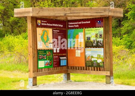 Chiosco dei sentieri del Cottonwood Nature Trail, DeSoto National Wildlife Refuge, Iowa Foto Stock