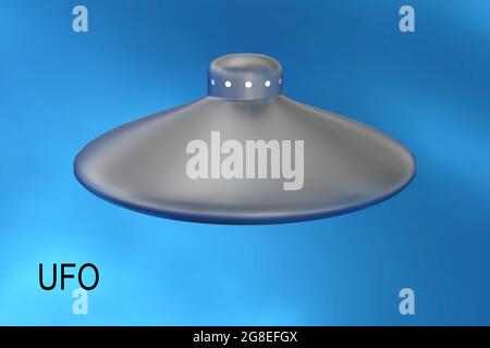 Illustrazione 3D di una navicella spaziale non identificata con lo script UFO, isolato su sfondo blu. Foto Stock