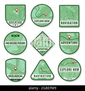 Icone topografiche. Icone vettoriali per la spedizione, l'esplorazione dell'area e la ricerca geologica. Puntini o segni di navigazione, destinazione di viaggio, spedizione o viaggio Illustrazione Vettoriale