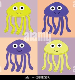 Insieme di vettore multicolore viola-giallo carino medusa su sfondo isolato. Set di pesce. Illustrazione Vettoriale