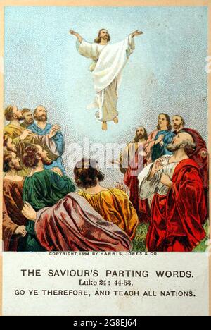 Ascensione Gesù che divideva parole mentre saliva in Cielo: Luca 24:44-53. Vecchia carta biblica. Foto Stock