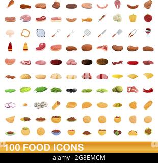 100 food set di icone. Cartoon illustrazione di 100 food icone set di vettore isolato su sfondo bianco Illustrazione Vettoriale