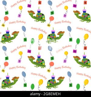 Modello con una tartaruga e palloncini. Buon compleanno illustrazione. Disegno vettoriale. Illustrazione Vettoriale