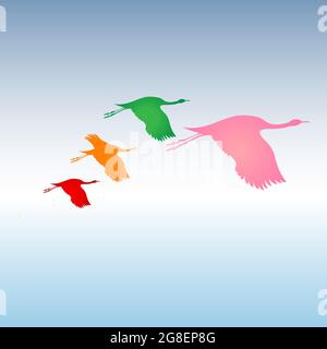 Un gregge di uccelli colorati sul cielo per la stampa, la decorazione e la carta da parati Illustrazione Vettoriale