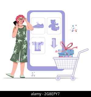 Shopping online e concetto di e-commerce con donna nelle vicinanze enorme telefono e carrello, cartoon vettore illustrazione isolato su sfondo bianco. Onlin Illustrazione Vettoriale