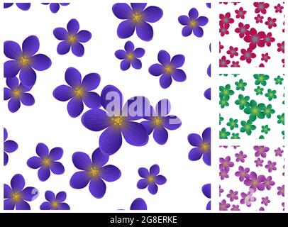 Confezione con motivo floreale floreale con fiori blu, viola, rosso, verde. Set di 4 per stampa, tessuto, tessuto Illustrazione Vettoriale