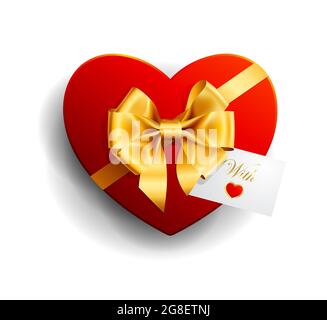 Scatola regalo a forma di cuore rosso con cravatta d'arco dorata e nastro su sfondo bianco per celebrazione, scopi di promozione Illustrazione Vettoriale