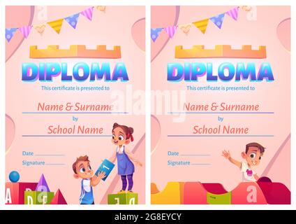 Diploma di bambino, certificato cartoon con bambini Illustrazione Vettoriale