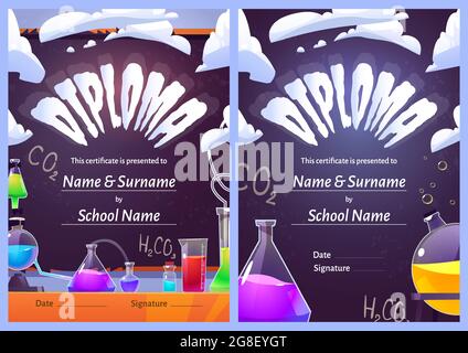 Diploma di chimica con matracci di vetro, provette Illustrazione Vettoriale
