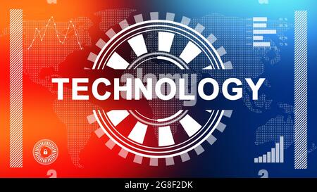 Sfondo tecnologico astratto con vari elementi grafici sullo sfondo della mappa del mondo sfocato - illustrazione 3D Foto Stock