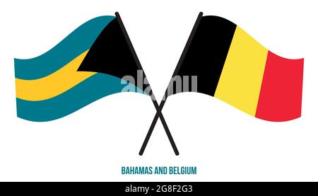 Bahamas e Belgio Bandiere incrociate e ondulate stile piatto. Proporzione ufficiale. Colori corretti. Illustrazione Vettoriale