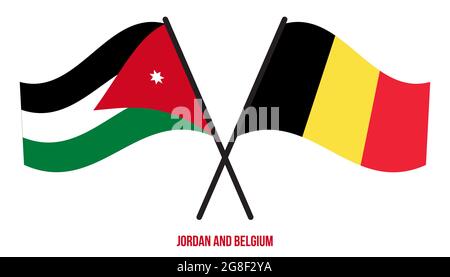 Jordan e Belgio Bandiere incrociate e ondulate in stile piatto. Proporzione ufficiale. Colori corretti. Illustrazione Vettoriale