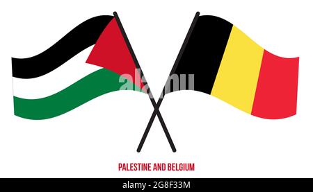 Palestina e Belgio Bandiere incrociate e ondeggianti stile piatto. Proporzione ufficiale. Colori corretti. Illustrazione Vettoriale