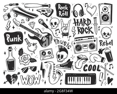 Rock n roll, musica punk doodle set. Graffiti, adesivo per tatuaggio disegnato a mano, testo, cranio, cuore, skate, mano del gesto. Illustrazione del vettore di grunge rock. Illustrazione Vettoriale