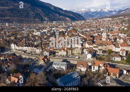 Vista aerea della città vecchia di Coira Foto Stock