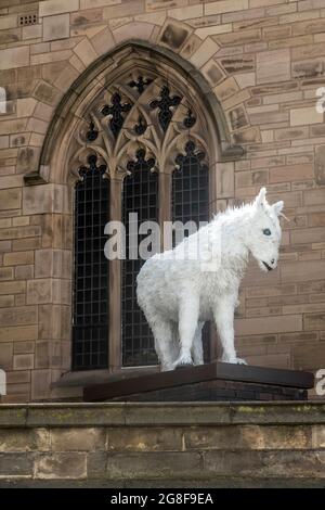 Jimmy, una statua bianca del cavallo di Faith Bebbington fuori dalla chiesa parrocchiale di Liverpool, nostra Signora e San Nicola Foto Stock