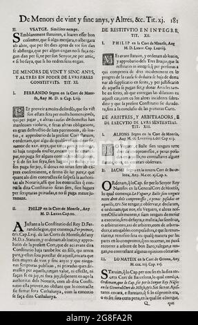 Costituzioni e otros Derechos de Cataluña (Costituzioni e altri diritti della Catalogna), redatte dai Corti del Re Filippo IV Primo volume. Stampato nella Casa di Joan Pau Marti e Joseph Llopis Estampers, 1704. Secondo libro. Sulle Costituzioni della Catalogna. Meno di venticinque anni e altri. Titolo XI. Ferdinando II d'Aragona (1452-1516) presso le corti di Monzón (1510). Filippo II (1527-1598) nelle corti di Monzón (1585). Alfonso II (1265-1291) presso la corte di Monzón (1289). Giacomo II (1267-1327) nelle terze corti di Barcellona (1311) e di Gerona nel 1321. Storico M Foto Stock