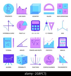 Icona matematica in stile piatto. Collezione di simboli matematici ed espressioni. Illustrazione vettoriale. Illustrazione Vettoriale