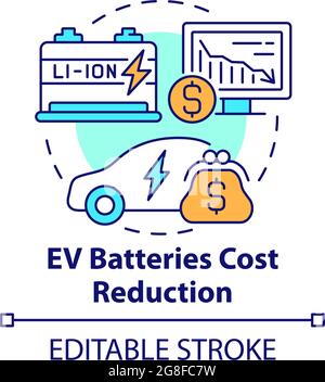 Icona del concetto di riduzione dei costi delle batterie dei veicoli elettrici. Soluzioni di ricarica EV. Eco Transport idea astratta illustrazione a linee sottili. Vettore isolato ou Illustrazione Vettoriale