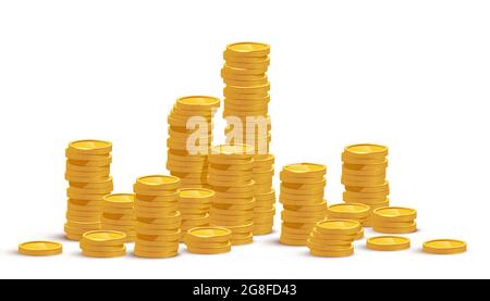 Illustrazione vettoriale mockup delle pile di monete d'oro. Cumulo di denaro, ricchezza isolata su sfondo bianco. Servizio bancario, prestito monetario. Investimento di successo, jackp Illustrazione Vettoriale