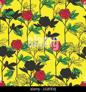 Pattern vettoriale senza giunture con peony su sfondo giallo. Carta da parati floreale brillante con fiori. Moda estate tessile. Illustrazione Vettoriale