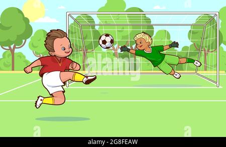 Due giocatori di calcio che giocano a calcio sul campo, segnando un goal .Vector cartoon illustrazione per i bambini su un tema sportivo per i bambini Illustrazione Vettoriale