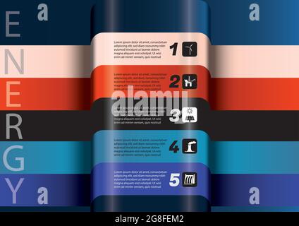 Infografiche astratte sulla generazione di energia 3D. Energia eolica, idrica, solare, combustibili fossili e centrale nucleare. Disegno vettoriale e di illustrazione. Illustrazione Vettoriale