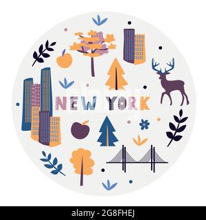 Collezione USA. Illustrazione vettoriale di New York. Simboli di stato - forma rotonda Illustrazione Vettoriale