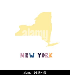 Mappa di New York isolata. Collezione USA. Mappa di New York - silhouette gialla. Scritta doodling su bianco Illustrazione Vettoriale