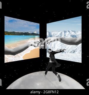 Camminare sulla Luna. Il giovane caucasico corre nello spazio alle immagini della spiaggia e delle montagne innevate. Collage creativo Foto Stock