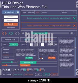 Vector UI UX kit per applicazioni mobili e siti Web. Modello di interfaccia utente universale con design reattivo, strumenti e pulsanti. Icone del menu piatto a Illustrazione Vettoriale