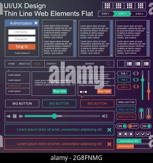 Vector UI UX kit per applicazioni mobili e siti Web. Modello di interfaccia utente universale con design reattivo, strumenti e pulsanti. Icone del menu piatto a Illustrazione Vettoriale