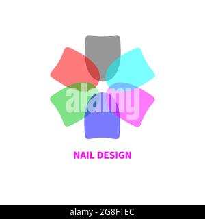 Logo per salone unghie a forma di fiore fatto di unghie. Icona a colori per il centro benessere. Colorato smalto pastello per unghie. Simbolo di bellezza femminile. Illustrazione Vettoriale