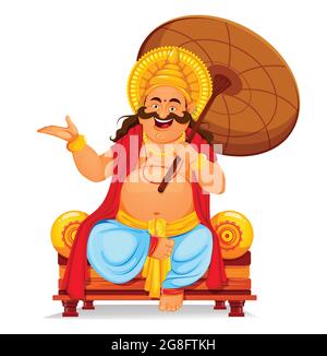 Happy Onam festival in Kerala biglietto d'auguri. Onam festeggiamenti, tradizionale festa indiana. Re Mahabali seduto con ombrello. Illustrazione vettoriale Illustrazione Vettoriale