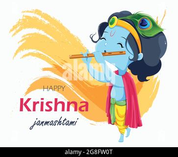 Felice biglietto d'auguri Krishna Jammashtami. Signore Krishna capretto che paga flauto. Vettore stock su sfondo astratto Illustrazione Vettoriale