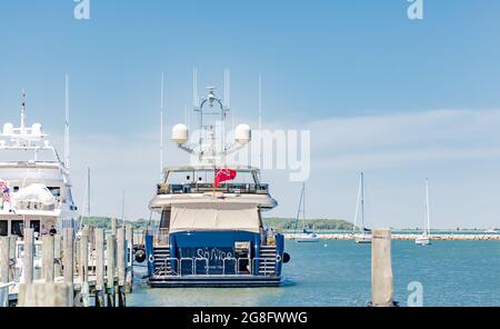 Lo yacht documentato così Nizza al molo di Sag Harbour, NY Foto Stock