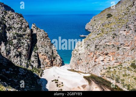 Aereo di Torrent de Pareis, SA Calobra, Maiorca, Isole Baleari, Spagna, Mediterraneo, Europa Foto Stock