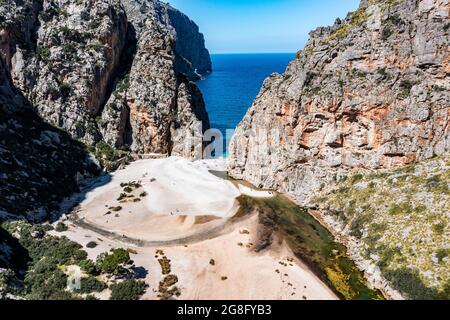 Aereo di Torrent de Pareis, SA Calobra, Maiorca, Isole Baleari, Spagna, Mediterraneo, Europa Foto Stock