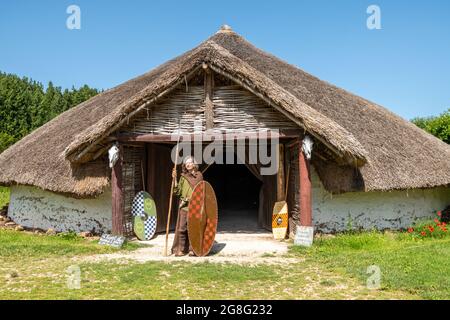 Iron age Little Woodbury Roundhouse ricostruita presso Butser Ancient Farm museo archeologico all'aperto in Hampshire, Inghilterra, Regno Unito Foto Stock