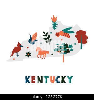 USA mappa raccolta. Simboli di stato e natura sulla silhouette grigia dello stato - Kentucky. Cartone animato stile semplice per la stampa Illustrazione Vettoriale