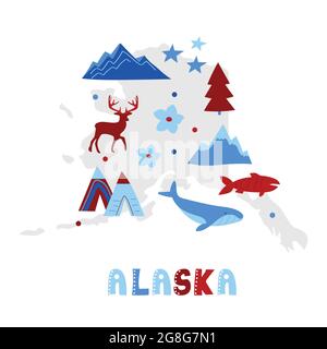 USA mappa raccolta. Simboli di stato e natura sulla silhouette dello stato grigio - Alaska. Cartone animato stile semplice per la stampa Illustrazione Vettoriale