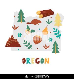 USA mappa raccolta. Simboli di stato e natura sulla silhouette dello stato grigio - Oregon. Cartone animato stile semplice per la stampa Illustrazione Vettoriale